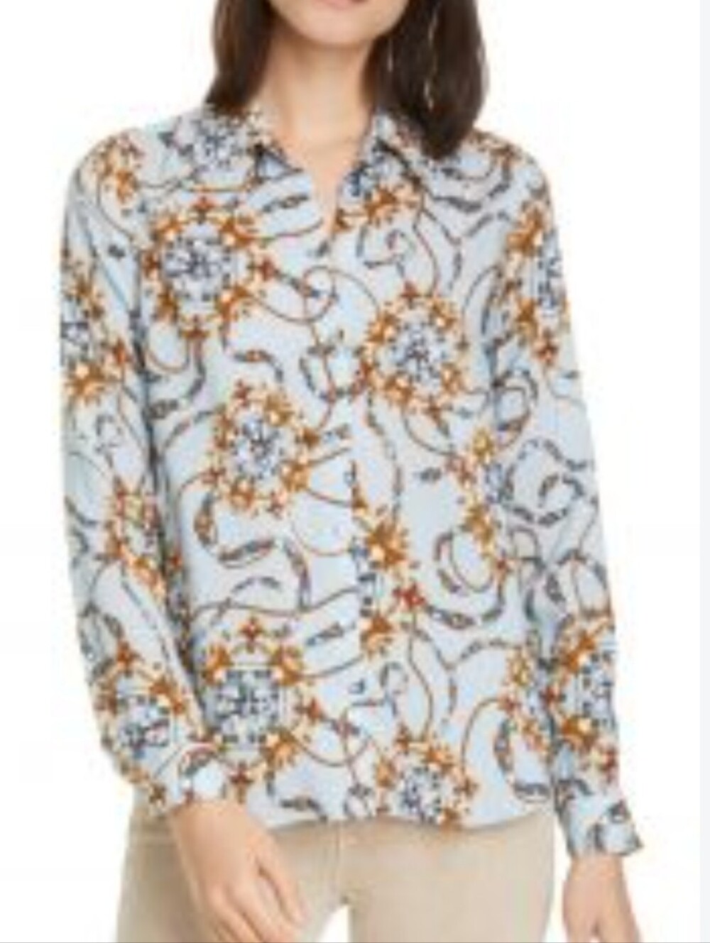 L’Agence Holly Long Sleeve Button Front Blouse Blue Belt Medallion Print Sz S/P